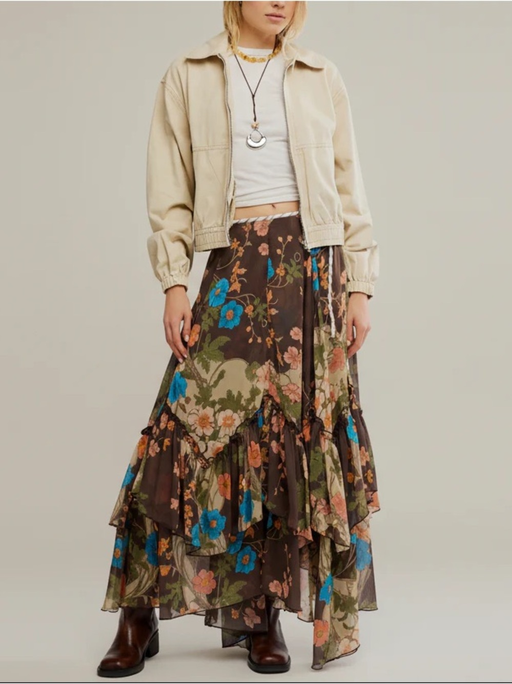 Free People Palermo Villa Chiffon Maxi Skirt in Chocolate Combo 4 - Picture 7 of 9